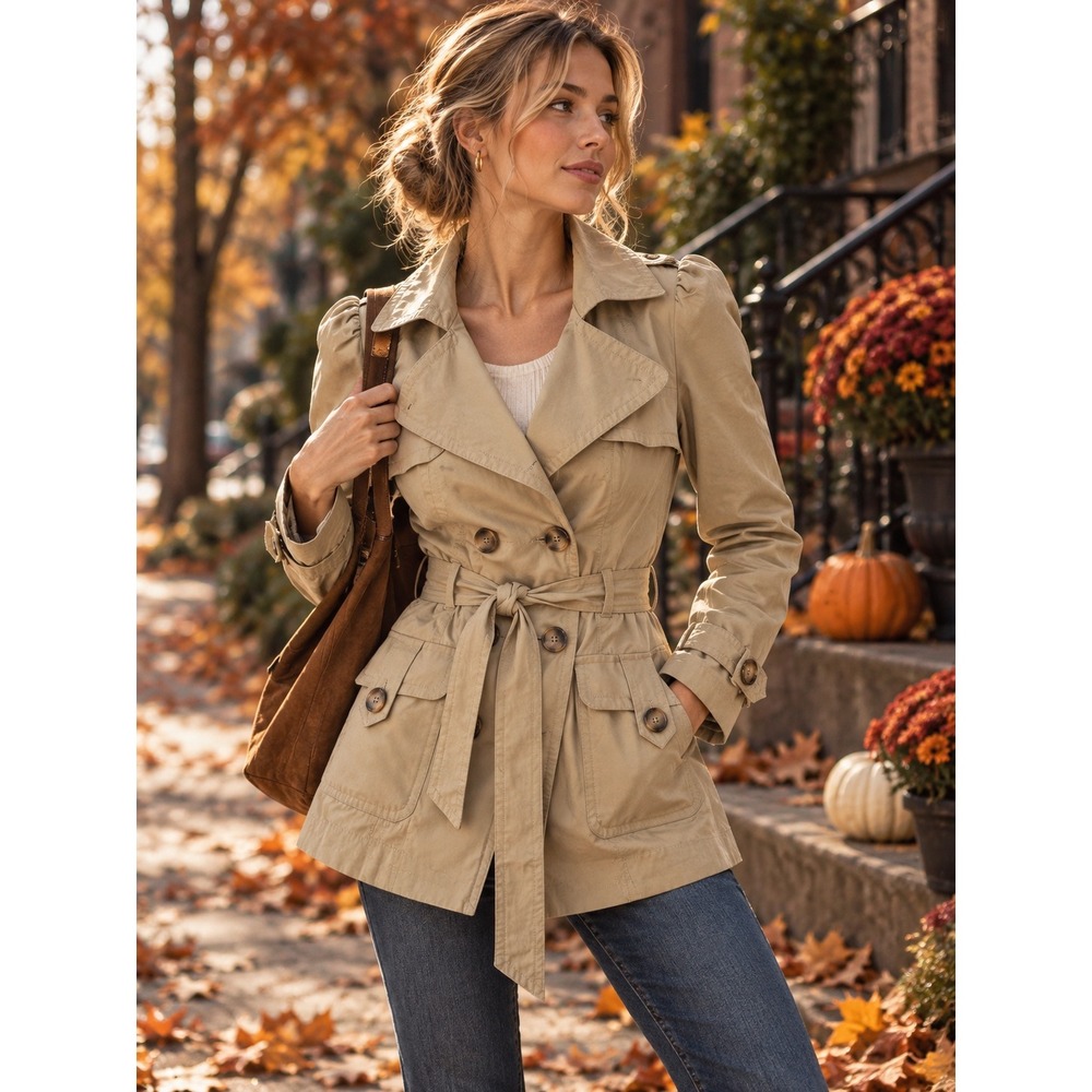 Zara TRF Autumn Trench Coat S Tan Belted Puff Sleeve Y2K Parisian Utility